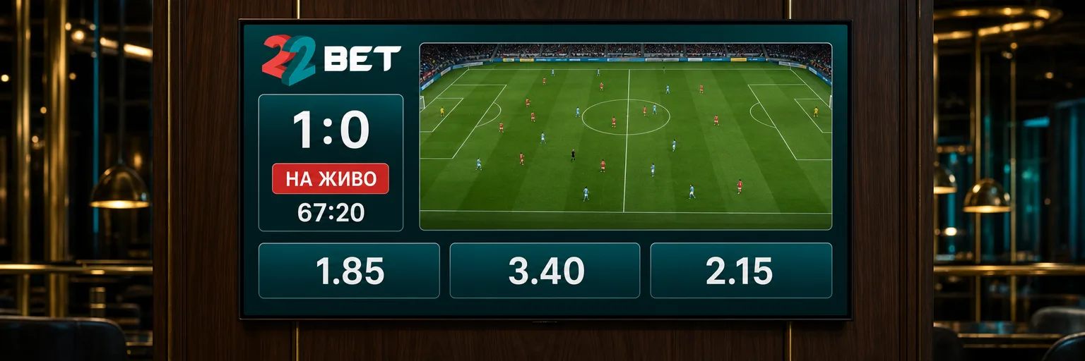 Залози на живо в 22Bet с предаване, време на мача и променящи се коефициенти